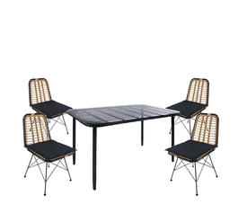 Σετ Τραπεζαρία Κήπου ANNIUS Μαύρο Μέταλλο/Rattan/Γυαλί Με 4 Καρέκλες 14990372