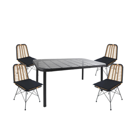 Σετ Τραπεζαρία Κήπου AMPIUS Μαύρο Μέταλλο/Rattan/Γυαλί Με 4 Καρέκλες