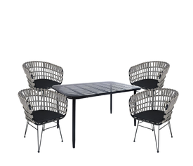 Σετ Τραπεζαρία Κήπου ANNIUS Μαύρο Μέταλλο/Rattan/Γυαλί Με 4 Καρέκλες