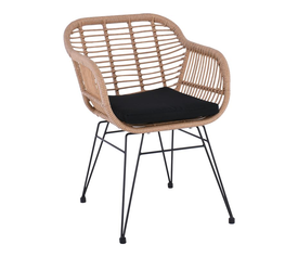 SALSA Πολυθρόνα Τραπεζαρίας Κήπου, Μέταλλο Βαφή Μαύρο, Wicker Φυσικό, Μαξιλάρι Μαύρο