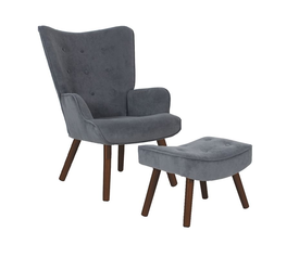 ALMA Πολυθρόνα - Μπερζέρα με Σκαμπό - Υποπόδιο Καρυδί Ύφασμα Velure Γκρι, K/D