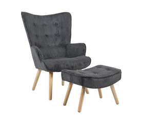 ALMA Πολυθρόνα - Μπερζέρα με Σκαμπό - Υποπόδιο Φυσικό Ύφασμα Κοτλέ Γκρι, K/D