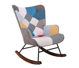 ALMA Rocking Πολυθρόνα Μπερζέρα Καθιστικού, Ύφασμα Patchwork, Βάση Μαύρο-Καρυδί