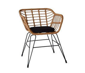 SALSA-D Πολυθρόνα Τραπεζαρίας Κήπου, Μέταλλο Βαφή Μαύρο, Wicker Φυσικό, Μαξιλάρι Μαύρο