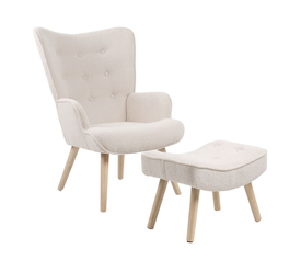 ALMA Πολυθρόνα - Μπερζέρα με Σκαμπό - Υποπόδιο Φυσικό, Teddy Ύφασμα Άσπρο, K/D