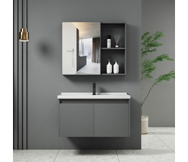 IDEA-1 Set Έπιπλο Κρεμαστό Μπάνιου Γκρι, Καθρέπτης + Πάγκος με Νιπτήρα και Μπαταρία