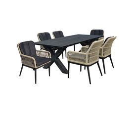 ALLEY Set Τραπεζαρία ALU Ανθρακί-Rope Φυσικό: Τραπέζι 180x94 + 6 Πολυθρόνες με Μαξιλ