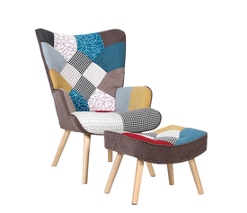 ALMA Πολυθρόνα - Μπερζέρα με Σκαμπό - Υποπόδιο Φυσικό Ύφασμα Patchwork, K/D