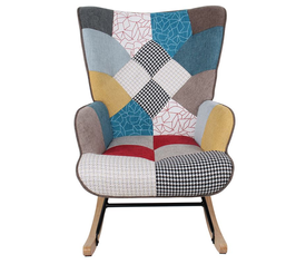 ALMA Rocking Πολυθρόνα Μπερζέρα Καθιστικού, Ύφασμα Patchwork, Βάση Μαύρο-Φυσικό
