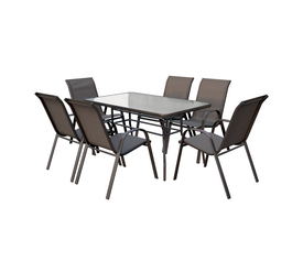 RIO Set Τραπεζαρία Βεράντας - Κήπου: Τραπέζι + 6 Πολυθρόνες Μέταλλο Καφέ, Textilene Καφέ