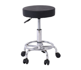 GLORY Σκαμπό με υποπόδιο, Βάση Χρώμιο, PU Μαύρο, Περιστρεφόμενο, Τροχήλατο