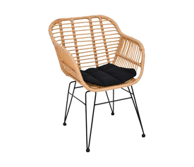 SALSA-W Πολυθρόνα Τραπεζαρίας Κήπου, Μέταλλο Βαφή Μαύρο, Wicker Φυσικό, Μαξιλάρι Μαύρο