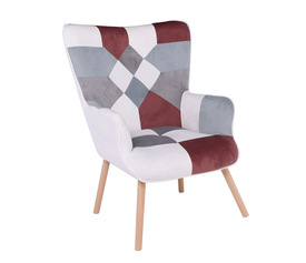 MARON Πολυθρόνα - Μπερζέρα Ξύλο Φυσικό, Ύφασμα Patchwork Brown