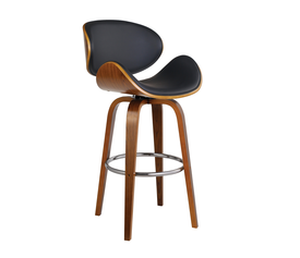 GOMEZ Σκαμπό BAR με Πλάτη, Απόχρωση Καρυδί, PU Μαύρο Περιστρεφόμενο