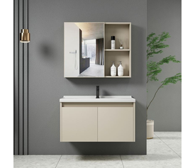 IDEA-1 Set Έπιπλο Κρεμαστό Μπάνιου Cream, Καθρέπτης + Πάγκος με Νιπτήρα και Μπαταρία