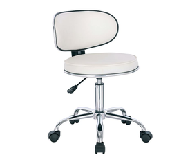 GLORY Σκαμπό με Πλάτη, Χρώμιο PU Άσπρο, Τροχήλατο, Ρύθμιση Ύψους, Περιστρεφόμενο