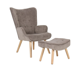 ALMA Πολυθρόνα - Μπερζέρα με Σκαμπό - Υποπόδιο Φυσικό Ύφασμα Velure Ανοιχτό Καφέ,K/D