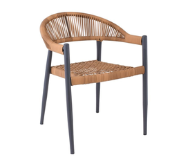 ZENYA Πολυθρόνα Βεράντας-Κήπου Μέταλλο Βαφή Ανθρακί, Rope Wicker Φυσικό, Στοιβαζόμενη