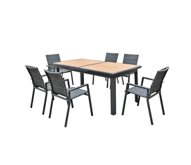 NAPOLI Set Dining ALU Κήπου: 6 Πολυθρόνες + Τραπέζι Επεκτ/νο Μαύρο-Καρυδί-Textilene Ανθρακί