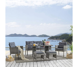 JOCKEY Set Dining Καθιστικό: Τραπέζι+3Θέσιος+2 Πολυθρόνες+ 2 Σκαμπό, Μέταλλο, Wicker Γκρι