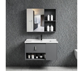 IDEA-2 Set Έπιπλο Κρεμαστό Μπάνιου Γκρι, Καθρέπτης + Πάγκος με Νιπτήρα και Μπαταρία