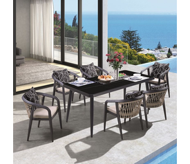 JARDIN Τραπεζαρία ALU Ανθρακί, HPL Μαύρο, Rope Μπεζ: Τραπέζι + 6 Πολυθρόνες με Μαξιλάρια