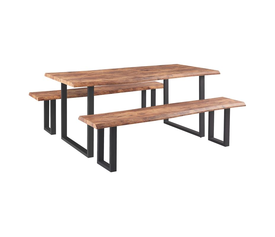 LIZARD 3D PAPER Set: Τραπέζι 180x90cm + 2 Πάγκοι Μέταλλο Βαφή Μαύρο, Dark Acacia