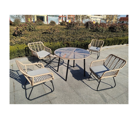 SALSA Τραπεζαρία: Μέταλλο Βαφή Μαύρο-Wicker Φυσικό, Μαξιλάρι Γκρι: Τραπέζι + 4 Πολυθρόνες