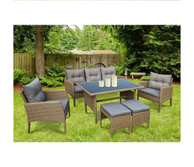 CALIFORNIA Σαλόνι - Τραπεζαρία Τραπέζι+3Θέσιος+2 Πολυθρόνες+ 2 Σκαμπό Μέταλλο-Wicker Φυσικό