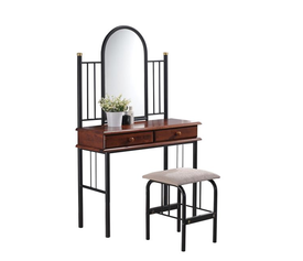FLORA SET Τουαλέτα με Καθρέπτη + Σκαμπό 2 Συρτάρια, Μέταλλο Βαφή Μαύρο, Ξύλο Καρυδί