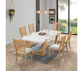 COMET Set Τραπεζαρία Ξύλινη: Τραπέζι+6 Καρέκλες, Φυσικό με Mdf Άσπρο Μάρμαρο,Ύφασμα Άσπρο