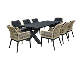 ALLEY Set Τραπεζαρία ALU Ανθρακί-Rope Φυσικό: Τραπέζι + 8 Πολυθρόνες με Μαξιλάρια