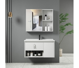 IDEA-2 Set Έπιπλο Κρεμαστό Μπάνιου Άσπρο, Καθρέπτης + Πάγκος με Νιπτήρα και Μπαταρία