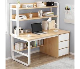 ΓΡΑΦΕΙΟ Η/Υ 3 Συρτάρια 3 Ράφια Μέταλλο Βαφή Άσπρο, MDF Απόχρωση Φυσικό