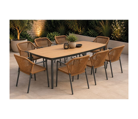 DENVER-DINA Set Τραπεζαρία: 8 Πολυθρόνες + Τραπέζι, Alu Γκρι Polywood & Rope Wicker Φυσικό