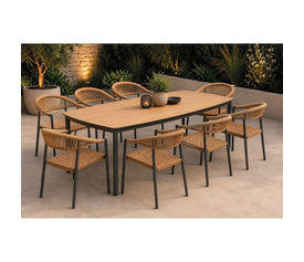 DENVER-MADISON Set Τραπεζαρία: 8 Πολυθρόνες + Τραπέζι, Alu Γκρι Polywood & Wicker Φυσικό