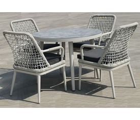 CENTRAL Set Τραπεζαρία Κήπου ALU & Rope Grey-Μαξιλ.Ανθρακί: Τραπέζι Φ100cm + 4 Πολυθρόνες