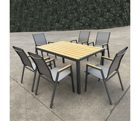 VIRNA Set Τραπεζαρία: Τραπέζι + 6 Πολυθρόνες, Μέταλλο Βαφή Ανθρακί, Polywood Φυσικό