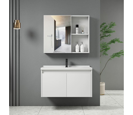 IDEA-1 Set Έπιπλο Κρεμαστό Μπάνιου Άσπρο, Καθρέπτης + Πάγκος με Νιπτήρα και Μπαταρία