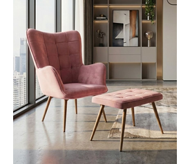 Πολυθρόνα - Μπερζέρα με υποπόδιο Lily σάπιο μήλο βελούδο - μεταλλικό πόδι χρώμα φυσικό 70x62x98εκ.