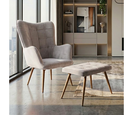 Πολυθρόνα - Μπερζέρα με υποπόδιο Lily μπεζ βελούδο - μεταλλικό πόδι χρώμα φυσικό 70x62x98εκ.