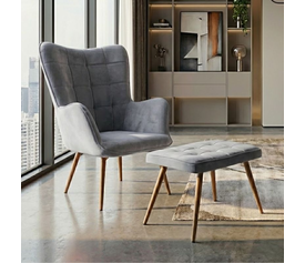 Πολυθρόνα - Μπερζέρα με υποπόδιο Lily γκρι βελούδο - μεταλλικό πόδι χρώμα φυσικό 70x62x98εκ.