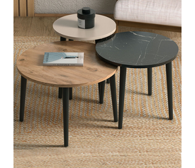 Τραπεζάκι σαλονιού σετ 3 τμχ Roma χρώμα oak - μαύρο εφέ μαρμάρου - κρεμ Φ60x46εκ.