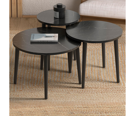 Τραπεζάκι σαλονιού σετ 3 τμχ Roma χρώμα μαύρο εφέ μαρμάρου Φ60x46εκ.