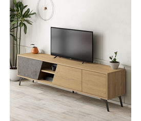 Έπιπλο τηλεόρασης Fiona χρώμα φυσικό οξιάς - γκρι ρετρό 180x35,6x48εκ.