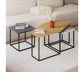 Τραπεζάκι σαλονιού σετ 3 τμχ. Nesty χρώμα saphhire oak - γκρι ρετρό - λευκό εφέ μαρμάρου 110x60x48εκ.