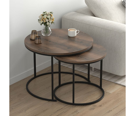 Τραπεζάκι σαλονιού σετ 2 τμχ Hilal χρώμα καπνιστή καρυδιά Ø66x49,5εκ.