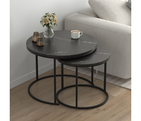 Τραπεζάκι σαλονιού σετ 2 τμχ Hilal χρώμα μαύρο εφέ μαρμάρου Ø66x49,5εκ.