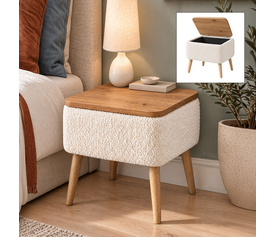 Κομοδίνο Nivo ύφασμα teddy χρώμα λευκό - pine oak 45x35x45εκ.