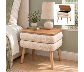 Κομοδίνο Nivo ύφασμα teddy χρώμα λευκό - pine oak 50x45x45εκ.
